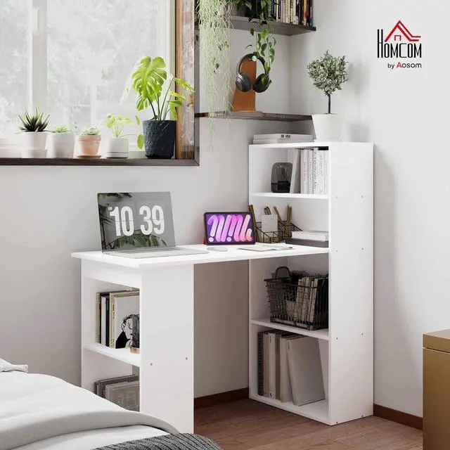 Alt view image 2 of 7 - HOMCOM Modern Home Office Desk with 6-Tier Storage Shelves, 47" Writing Desk with Bookshelf, White