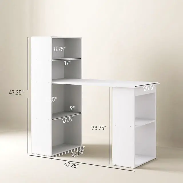 Alt view image 3 of 7 - HOMCOM Modern Home Office Desk with 6-Tier Storage Shelves, 47" Writing Desk with Bookshelf, White