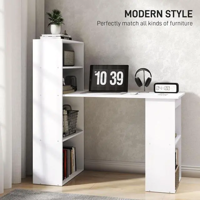 Alt view image 4 of 7 - HOMCOM Modern Home Office Desk with 6-Tier Storage Shelves, 47" Writing Desk with Bookshelf, White