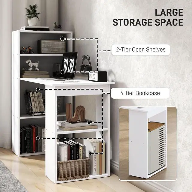 Alt view image 5 of 7 - HOMCOM Modern Home Office Desk with 6-Tier Storage Shelves, 47" Writing Desk with Bookshelf, White