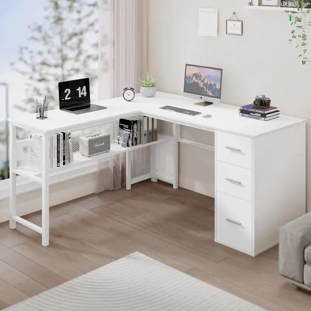 Alt view image 3 of 7 - LVB White L Shaped Corner Desk with Drawers, Reversible Modern L-Shaped Computer Desk with Storage Cabinet Shelves, Large Wood Metal L Shape Home Office Desk for Work Study Writing Gaming, 59 Inch