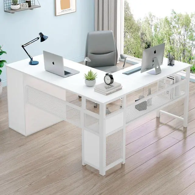 Main image of LVB White L Shaped Corner Desk with Drawers, Reversible Modern L-Shaped Computer Desk with Storage Cabinet Shelves, Large Wood Metal L Shape Home Office Desk for Work Study Writing Gaming, 59 Inch