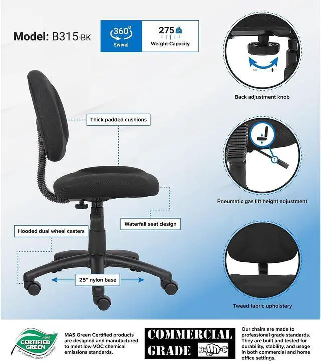 Alt view image 4 of 7 - Boss Fabric Task Chair, Black (B315-BK)