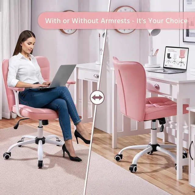 Alt view image 4 of 7 - Yaheetech Mid Back Faux Leather Office Chair Modern Adjustable Tilting Vanity Chair with Detachable Padded Armrests for Home/Office,Pink