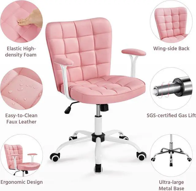 Alt view image 5 of 7 - Yaheetech Mid Back Faux Leather Office Chair Modern Adjustable Tilting Vanity Chair with Detachable Padded Armrests for Home/Office,Pink