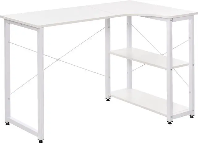 Main image of HOMCOM Industrial L-Shaped Computer Desk with 2 Side Shelves and Steel Frame, Corner Desk, Study Workstation for Home Office, White