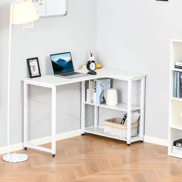 Alt view image 2 of 7 - HOMCOM Industrial L-Shaped Computer Desk with 2 Side Shelves and Steel Frame, Corner Desk, Study Workstation for Home Office, White