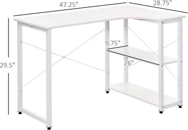 Alt view image 3 of 7 - HOMCOM Industrial L-Shaped Computer Desk with 2 Side Shelves and Steel Frame, Corner Desk, Study Workstation for Home Office, White