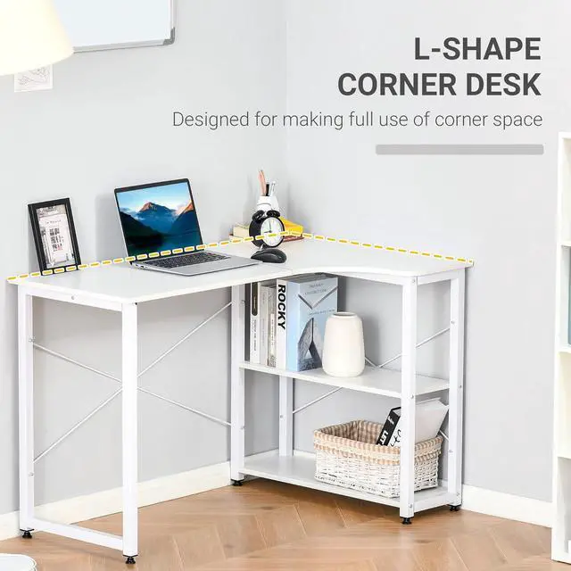 Alt view image 4 of 7 - HOMCOM Industrial L-Shaped Computer Desk with 2 Side Shelves and Steel Frame, Corner Desk, Study Workstation for Home Office, White