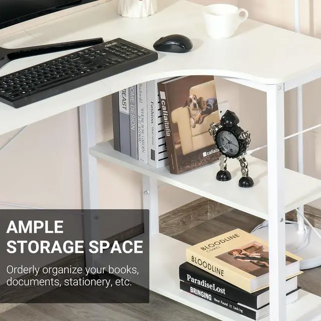 Alt view image 5 of 7 - HOMCOM Industrial L-Shaped Computer Desk with 2 Side Shelves and Steel Frame, Corner Desk, Study Workstation for Home Office, White