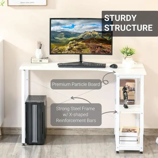 Alt view image 7 of 7 - HOMCOM Industrial L-Shaped Computer Desk with 2 Side Shelves and Steel Frame, Corner Desk, Study Workstation for Home Office, White
