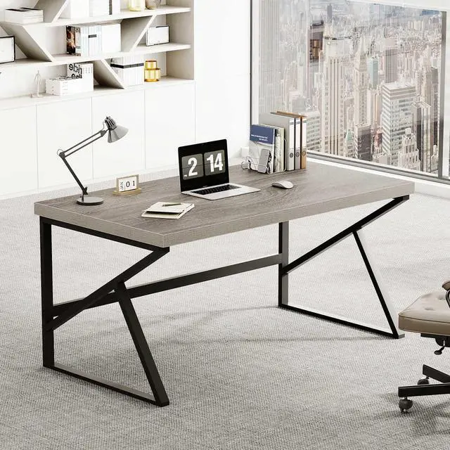 Main image of HSH Gray Computer Desk, Industrial Wood and Metal Home Office Desk, Farmhouse Rustic PC Laptop Desk for Executive Work Writing Study Gaming, Modern Simple Bedroom Computer Table, Light Grey Oak, 55 In