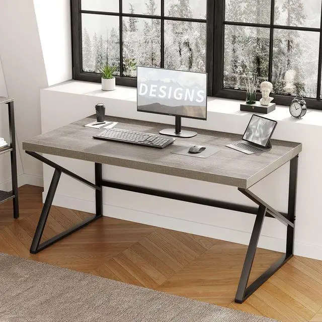 Alt view image 3 of 7 - HSH Gray Computer Desk, Industrial Wood and Metal Home Office Desk, Farmhouse Rustic PC Laptop Desk for Executive Work Writing Study Gaming, Modern Simple Bedroom Computer Table, Light Grey Oak, 55 In