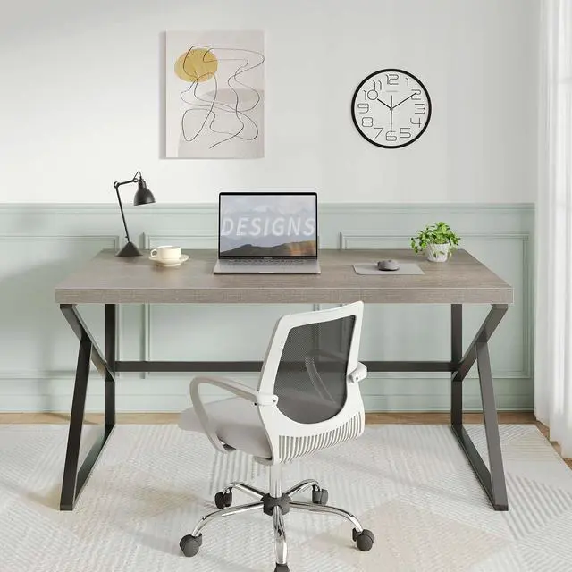 Alt view image 4 of 7 - HSH Gray Computer Desk, Industrial Wood and Metal Home Office Desk, Farmhouse Rustic PC Laptop Desk for Executive Work Writing Study Gaming, Modern Simple Bedroom Computer Table, Light Grey Oak, 55 In
