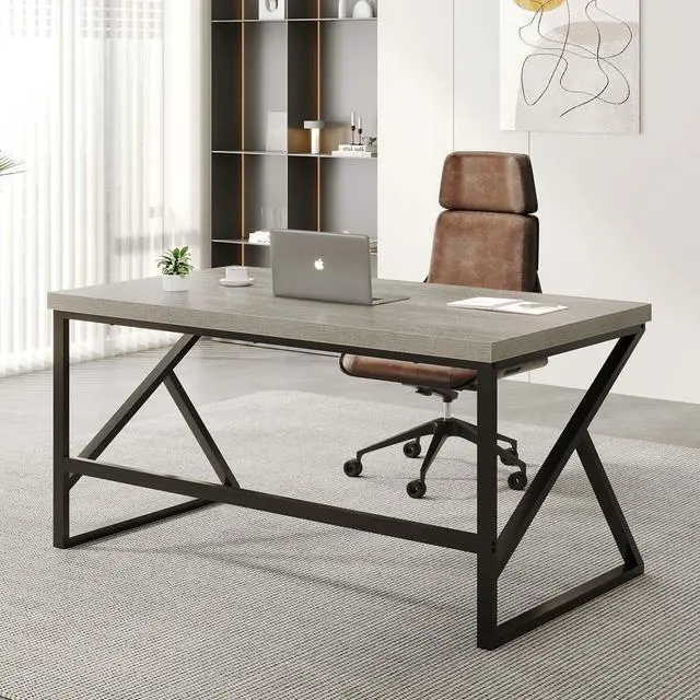 Alt view image 5 of 7 - HSH Gray Computer Desk, Industrial Wood and Metal Home Office Desk, Farmhouse Rustic PC Laptop Desk for Executive Work Writing Study Gaming, Modern Simple Bedroom Computer Table, Light Grey Oak, 55 In