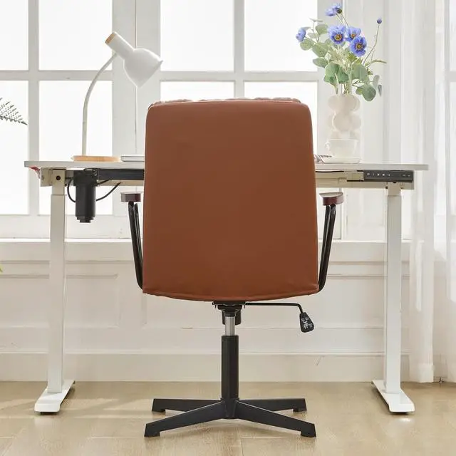 Alt view image 5 of 7 - Okeysen Office Desk Chair No Wheels, Criss Cross Chair with Detachable Wooden Armrests, Ergonomic Comfy Adjustable Computer Chair with Thick Cushion, Armless Swivel Task Vanity Chair for Home, Office