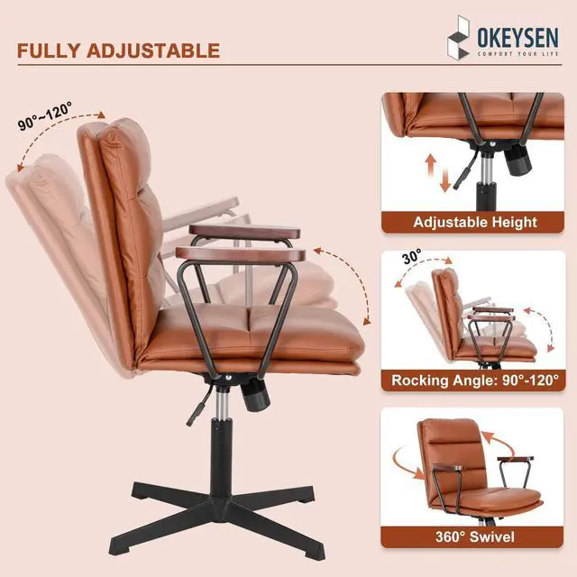 Alt view image 6 of 7 - Okeysen Office Desk Chair No Wheels, Criss Cross Chair with Detachable Wooden Armrests, Ergonomic Comfy Adjustable Computer Chair with Thick Cushion, Armless Swivel Task Vanity Chair for Home, Office