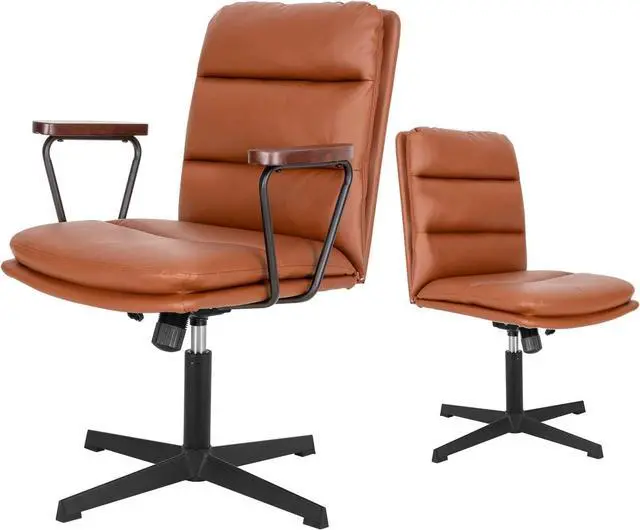 Alt view image 7 of 7 - Okeysen Office Desk Chair No Wheels, Criss Cross Chair with Detachable Wooden Armrests, Ergonomic Comfy Adjustable Computer Chair with Thick Cushion, Armless Swivel Task Vanity Chair for Home, Office