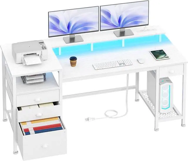 Main image of Furologee 60" White Office Computer Desk with 4 Drawers,Gaming Desk with LED Lights and Power Outlets,Long Desk with Fabric File Cabinet,Study Writing Work Table with Shelf for Bedroom Home Office