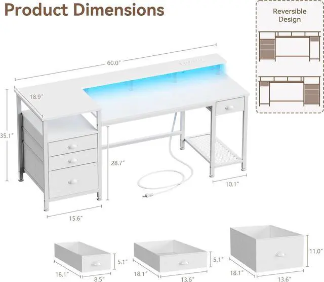 Alt view image 3 of 7 - Furologee 60" White Office Computer Desk with 4 Drawers,Gaming Desk with LED Lights and Power Outlets,Long Desk with Fabric File Cabinet,Study Writing Work Table with Shelf for Bedroom Home Office