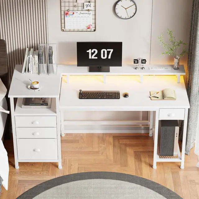 Alt view image 2 of 7 - Furologee 60" White Office Computer Desk with 4 Drawers,Gaming Desk with LED Lights and Power Outlets,Long Desk with Fabric File Cabinet,Study Writing Work Table with Shelf for Bedroom Home Office