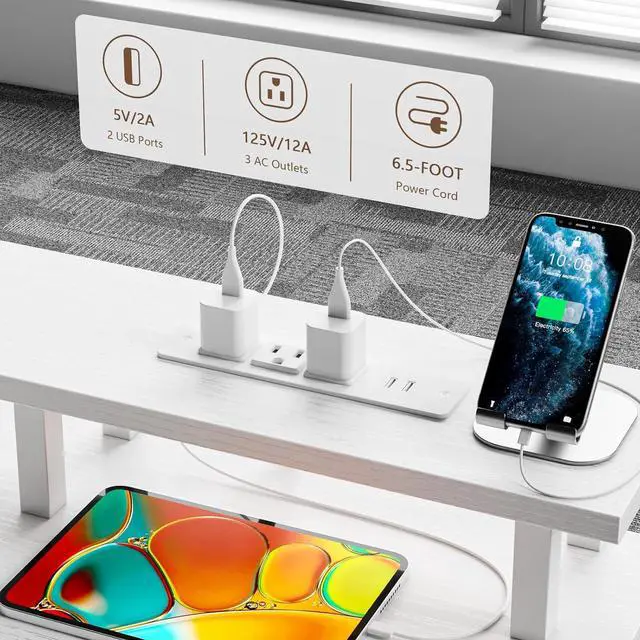 Alt view image 4 of 7 - Furologee 60" White Office Computer Desk with 4 Drawers,Gaming Desk with LED Lights and Power Outlets,Long Desk with Fabric File Cabinet,Study Writing Work Table with Shelf for Bedroom Home Office