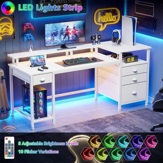 Alt view image 6 of 7 - Furologee 60" White Office Computer Desk with 4 Drawers,Gaming Desk with LED Lights and Power Outlets,Long Desk with Fabric File Cabinet,Study Writing Work Table with Shelf for Bedroom Home Office