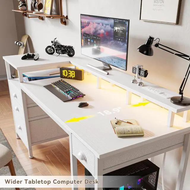 Alt view image 7 of 7 - Furologee 60" White Office Computer Desk with 4 Drawers,Gaming Desk with LED Lights and Power Outlets,Long Desk with Fabric File Cabinet,Study Writing Work Table with Shelf for Bedroom Home Office