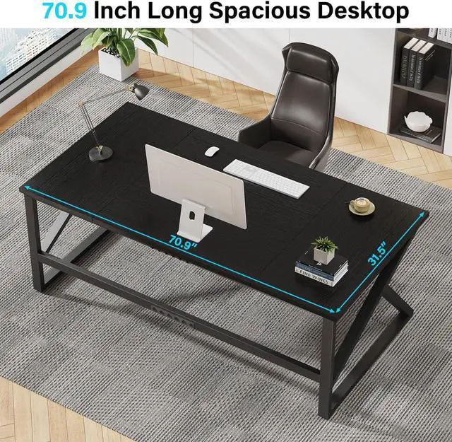 Alt view image 3 of 7 - IBF Long Black Computer Desk, Large Executive Office Desk for 2 People Work Writing Study, 70 Inch Industrial Metal Wood Dual Monitor Desk Workstation, Modern Simple Double PC Gaming Table in Bedroom