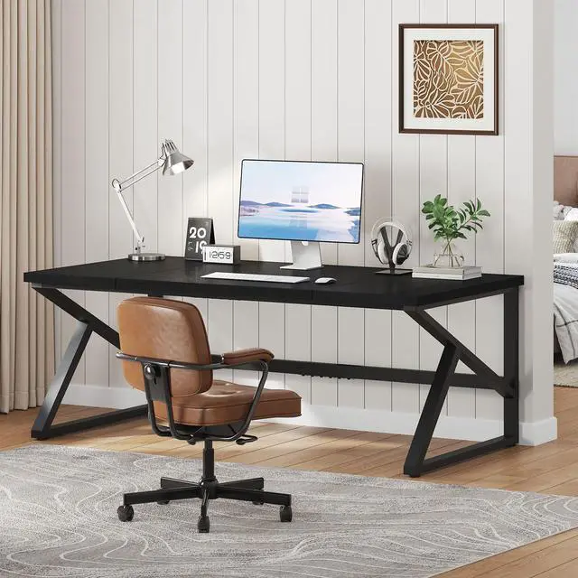 Alt view image 4 of 7 - IBF Long Black Computer Desk, Large Executive Office Desk for 2 People Work Writing Study, 70 Inch Industrial Metal Wood Dual Monitor Desk Workstation, Modern Simple Double PC Gaming Table in Bedroom