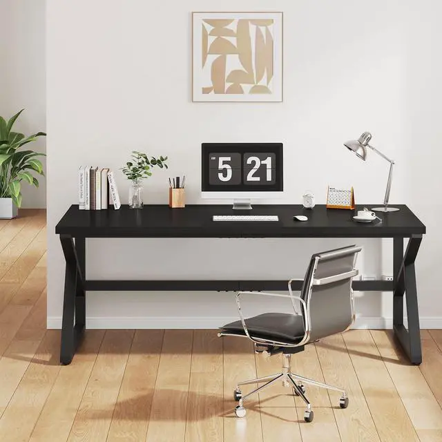Alt view image 5 of 7 - IBF Long Black Computer Desk, Large Executive Office Desk for 2 People Work Writing Study, 70 Inch Industrial Metal Wood Dual Monitor Desk Workstation, Modern Simple Double PC Gaming Table in Bedroom