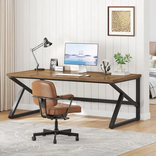 Alt view image 3 of 7 - IBF Large Computer Desk, Rustic 70 Inch Long Home Office Metal Wood Desk, Industrial Big 2 Person Table for Executive Writing Study Gaming Workstation, Farmhouse Bedroom PC Laptop Double Desk