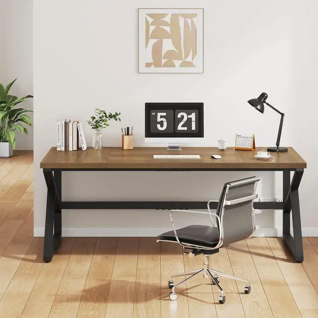 Alt view image 5 of 7 - IBF Large Computer Desk, Rustic 70 Inch Long Home Office Metal Wood Desk, Industrial Big 2 Person Table for Executive Writing Study Gaming Workstation, Farmhouse Bedroom PC Laptop Double Desk