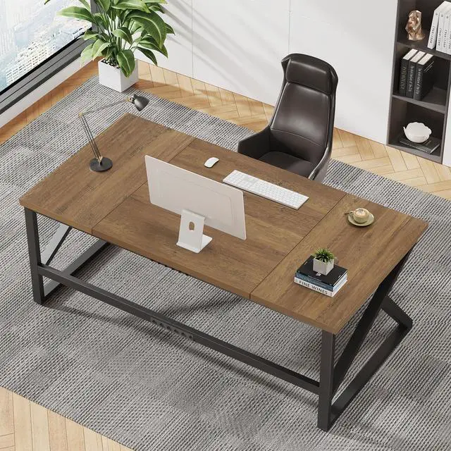 Alt view image 4 of 7 - IBF Large Computer Desk, Rustic 70 Inch Long Home Office Metal Wood Desk, Industrial Big 2 Person Table for Executive Writing Study Gaming Workstation, Farmhouse Bedroom PC Laptop Double Desk
