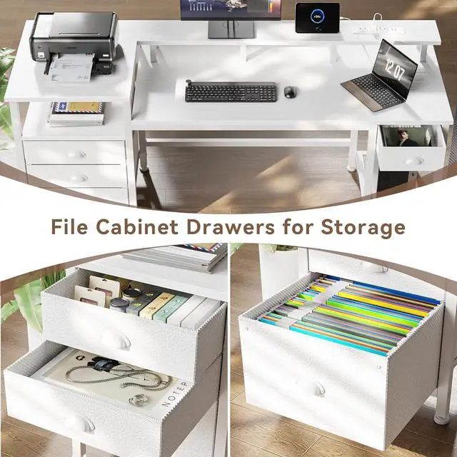 Alt view image 5 of 7 - Furologee 60" White Office Computer Desk with 4 Drawers,Gaming Desk with LED Lights and Power Outlets,Long Desk with Fabric File Cabinet,Study Writing Work Table with Shelf for Bedroom Home Office