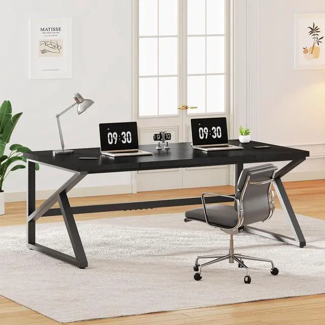 Main image of IBF Long Black Computer Desk, Large Executive Office Desk for 2 People Work Writing Study, 70 Inch Industrial Metal Wood Dual Monitor Desk Workstation, Modern Simple Double PC Gaming Table in Bedroom
