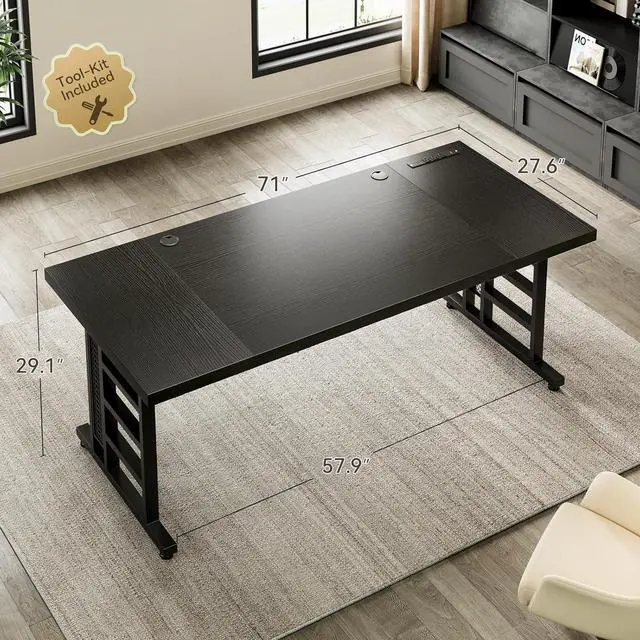 Alt view image 2 of 7 - Coleshome 71 Inch Executive Desk with USB Ports, Computer Office Desk, Large Mordern Writing Table, Workstation Business Furniture for Home Office, Black