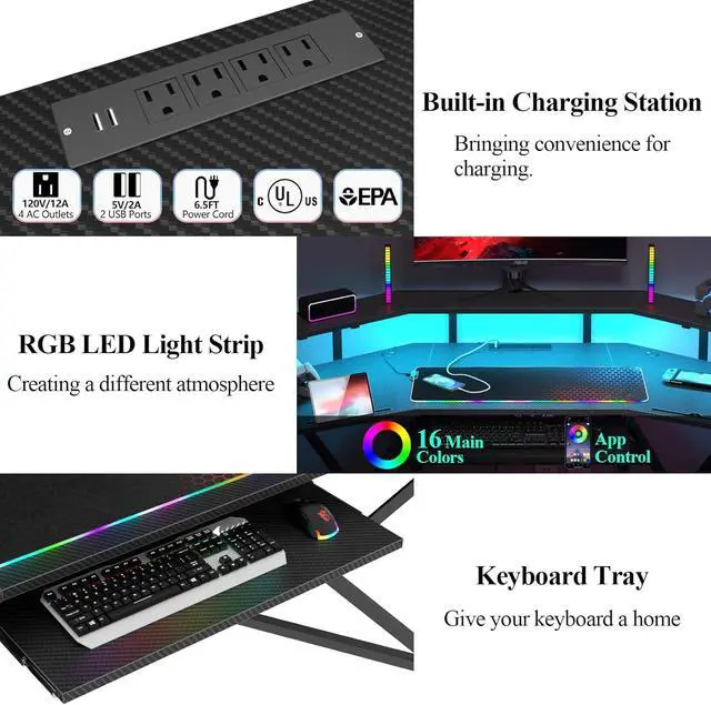 Alt view image 4 of 7 - 72" Gaming Desk with Power Outlet & Led Strip, Large Wing-Shaped Computer Desk w Monitor Stand & Keyboard Tray & RGB Mouse Pad, Studio Desk w Storage Shelf Headphone Hook Cup Holder