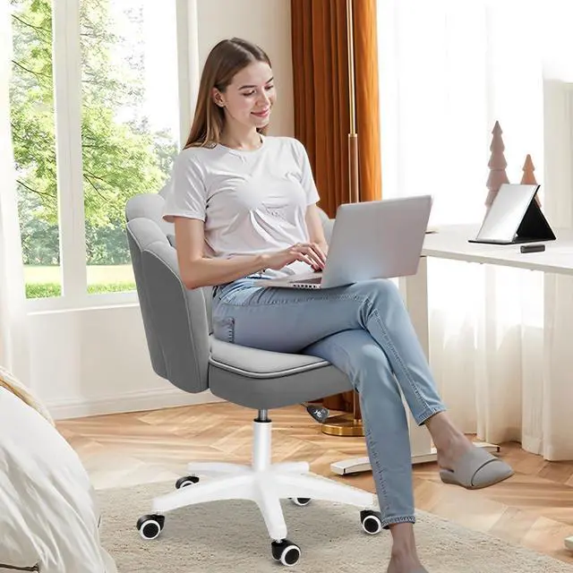 Alt view image 7 of 7 - Vanity Chair Velvet Petal Desk Chair Upholstered Modern Tufted Home Office Chair with Back, Height Adjustable Computer Task Chair for Bedroom Living Room