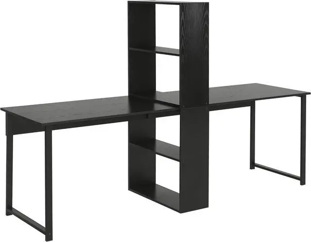 Main image of HOMCOM 88" Extra Long 2-Person Computer Desk with Storage Shelves Combo, Double Workstation Storage Study Writing Table for Home Office, Bookshelf, Black
