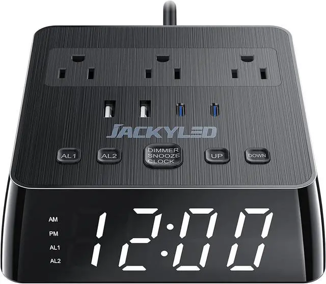 Main image of JACKYLED Alarm Clock with 4 USB Chargers Power Strip 3 Outlets 1700J Surge Protector Nightstand Dimmable Digital Clock with Dual Alarm and Snooze Function for Bedroom, Full Screen LED Display