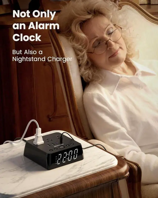 Alt view image 2 of 7 - JACKYLED Alarm Clock with 4 USB Chargers Power Strip 3 Outlets 1700J Surge Protector Nightstand Dimmable Digital Clock with Dual Alarm and Snooze Function for Bedroom, Full Screen LED Display