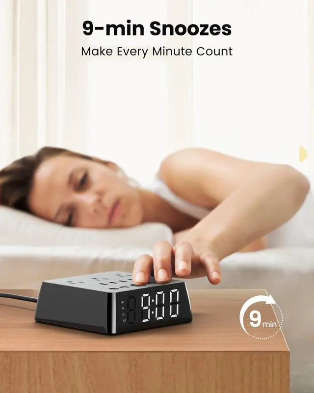 Alt view image 4 of 7 - JACKYLED Alarm Clock with 4 USB Chargers Power Strip 3 Outlets 1700J Surge Protector Nightstand Dimmable Digital Clock with Dual Alarm and Snooze Function for Bedroom, Full Screen LED Display