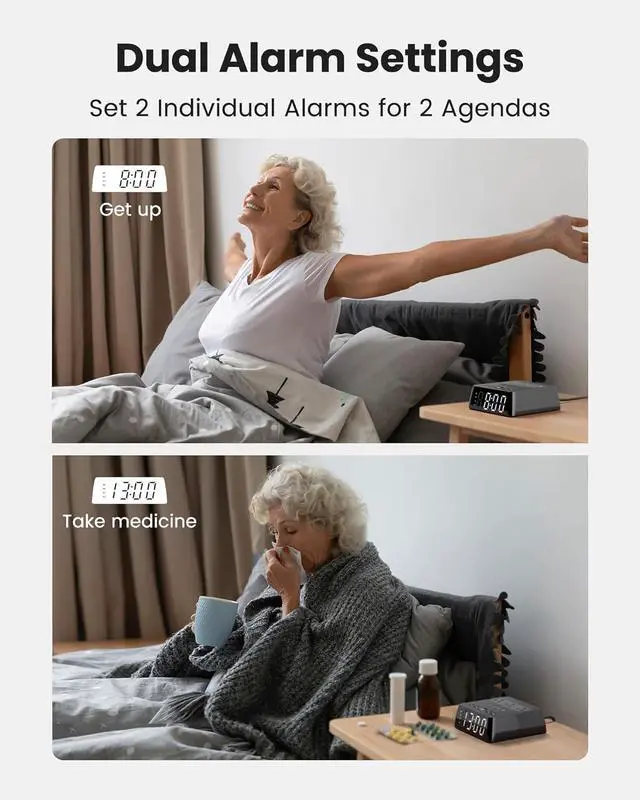 Alt view image 5 of 7 - JACKYLED Alarm Clock with 4 USB Chargers Power Strip 3 Outlets 1700J Surge Protector Nightstand Dimmable Digital Clock with Dual Alarm and Snooze Function for Bedroom, Full Screen LED Display