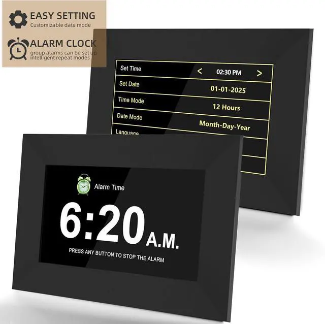 Alt view image 3 of 7 - Bgift 7 Inch Digital Alarm Clock with Date and Day of Week for Seniors-12 Alarms 20 Reminder Digital Calendar Auto Dimmable Perfect for Elderly