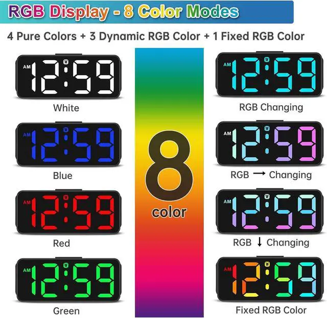 Alt view image 2 of 7 - Peakeep Small Tiny Digital Alarm Clock Plug in for Kids Bedroom Bedside Nightstand, RGB Colorful Changing Large Display for Travel, Dimmable 6 Brightness, Corded Electric Battery Backup (Black - RGB)
