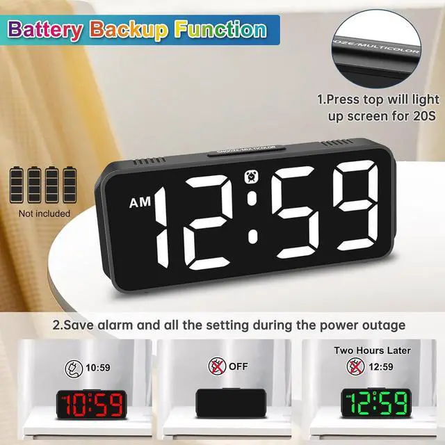 Alt view image 5 of 7 - Peakeep Small Tiny Digital Alarm Clock Plug in for Kids Bedroom Bedside Nightstand, RGB Colorful Changing Large Display for Travel, Dimmable 6 Brightness, Corded Electric Battery Backup (Black - RGB)