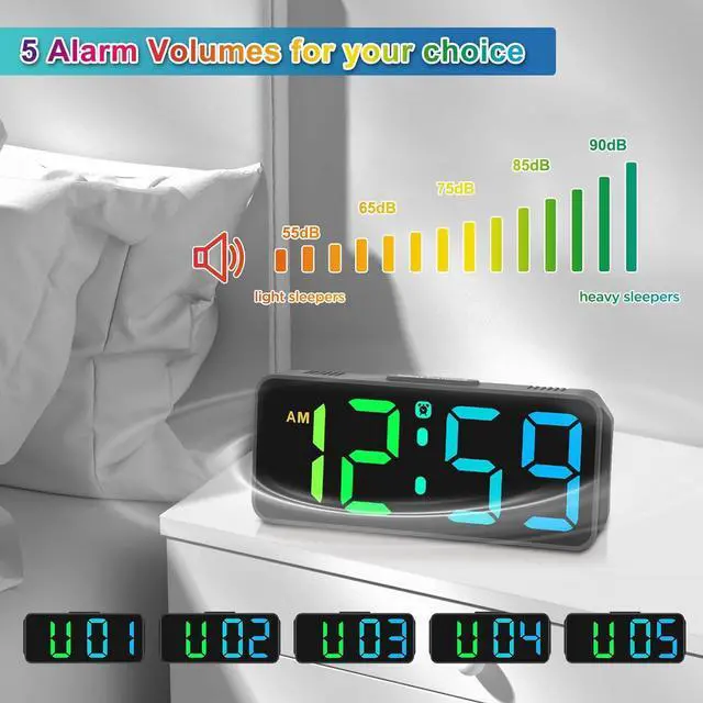 Alt view image 7 of 7 - Peakeep Small Tiny Digital Alarm Clock Plug in for Kids Bedroom Bedside Nightstand, RGB Colorful Changing Large Display for Travel, Dimmable 6 Brightness, Corded Electric Battery Backup (Black - RGB)