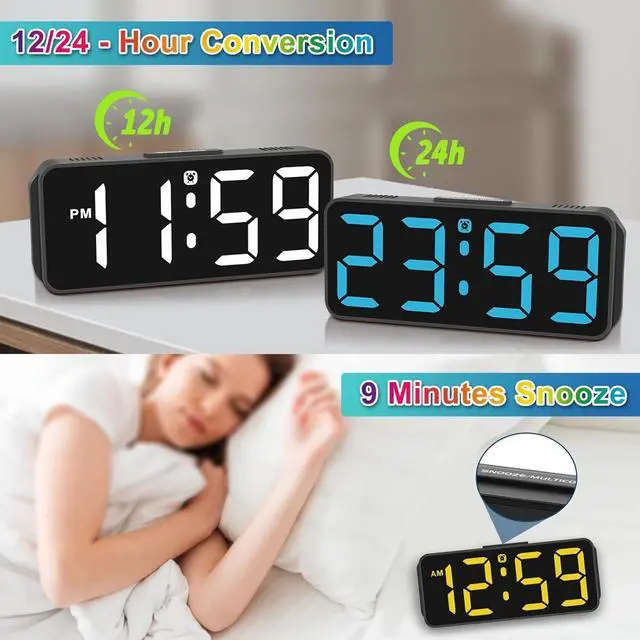 Alt view image 6 of 7 - Peakeep Small Tiny Digital Alarm Clock Plug in for Kids Bedroom Bedside Nightstand, RGB Colorful Changing Large Display for Travel, Dimmable 6 Brightness, Corded Electric Battery Backup (Black - RGB)