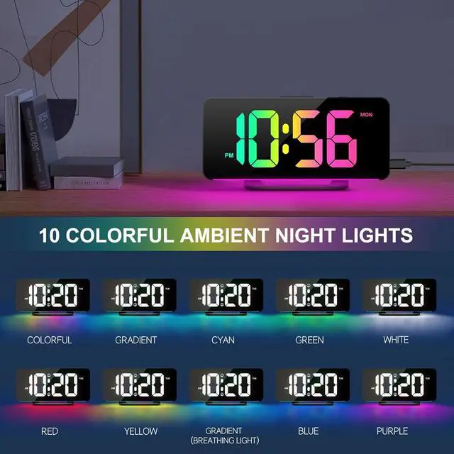 Alt view image 3 of 7 - Digital Alarm Clock, Large LED Digital Clock for Bedrooms with 10 Color Changing Night Light, Adjustable Brightness, USB Charging Port, Bedside and Desk Clock for Living Room Office Decor (Black)